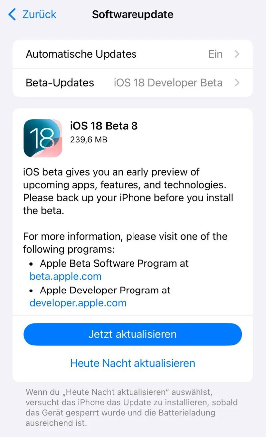 白马井镇苹果手机维修分享苹果 iOS / iPadOS 18 开发者预览版 Beta 8 发布 